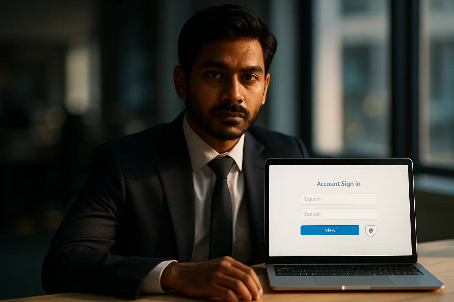 Bangladeshi professional at desk with laptop showing sign-in interface